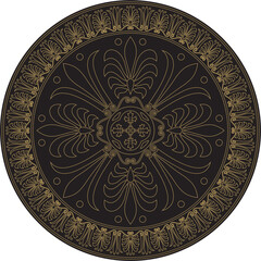 Vector gold with black classic Greek round ornament. Circle of Ancient Greece and the Roman Empire. Byzantine painting of walls, floors and ceilings. Decoration of European palaces