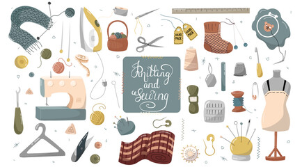 Hand drawn vector illustration - Set of knitting and sewing supplies. Needlework, Yarn, pins, buttons, thread, needle bar, macrame, sewing. Perfect for your brand logo and branding.