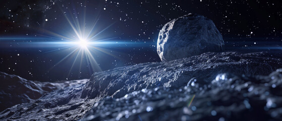 A magnificent asteroid illuminated by a bright star in a star-filled cosmos, highlighting the vastness of space.