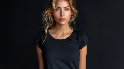 Fototapeta premium Portrait of a Young Woman Wearing a Casual Black T-Shirt Against a Dark Background