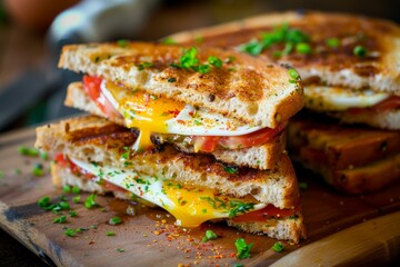 Delicious toasted sandwich with melted cheese, a runny egg, and fresh tomatoes garnished with herbs