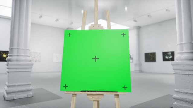 Wooden Easel With Green Screen Canvas Standing In Gallery, Mockup