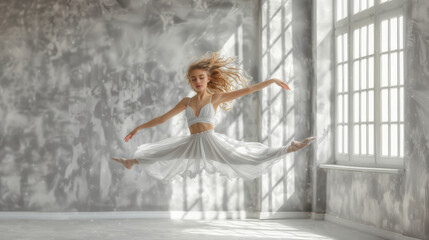 Obraz premium Graceful Young Ballerina Dancing in White Dress in Sunlit Studio