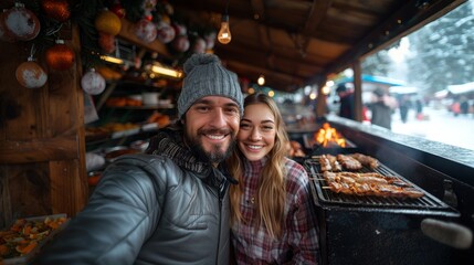 Fototapeta premium Young Couple Enjoying Grilled Barbecue During Winter Festival