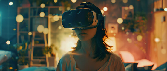 A close-up of a young woman using a VR headset in a cozy room, surrounded by soft lights and a warm, inviting atmosphere.