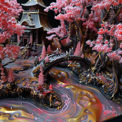 Obraz premium Serene Monastery Garden with Cherry Blossoms and Flowing Streams Gen AI