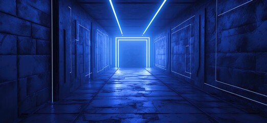 Futuristic Corridor with Neon Blue Lights