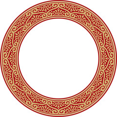 Vector round gold with red border, frame, Pompeii ring. Circle Neopolitan ornament. Art of Ancient Rome