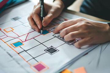 Close-up of hands analyzing a marketing strategy flowchart, business planning and analysis, strategic planner, product sales and promotions