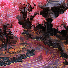 Obraz premium Tranquil Monastery Garden with Cherry Blossoms on Tabletop Battle Map Gen AI