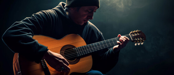 Obraz premium A musician in deep concentration strums an acoustic guitar, bathed in an intimate, moody lighting setting.