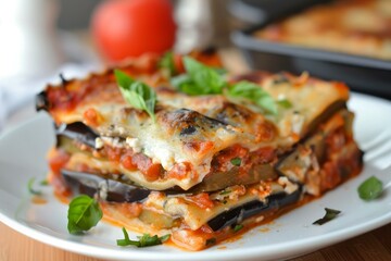 Delicious slice of eggplant lasagna garnished with basil leaves, served on a white plate