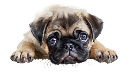 Obraz premium adorable pug puppy with a charmingly wrinkled face gazing soulfully at the camera against a clean white background capturing the essence of this beloved breed digital painting