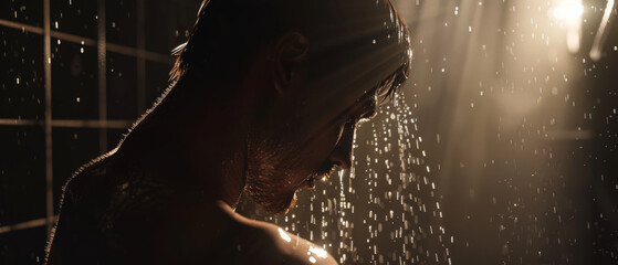 Dim lighting casts dramatic shadows as water cascades over a man's shoulders and face, capturing the serenity of his shower moment.