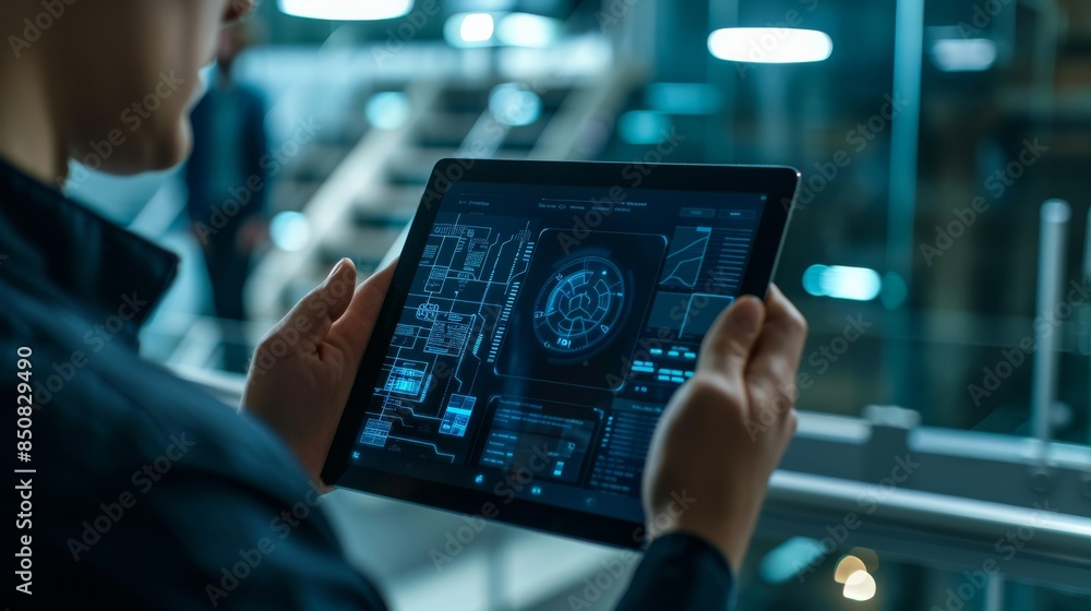 Poster a person is holding a tablet with a screen displaying a complex image
