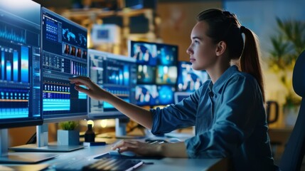 A woman is working on a computer with multiple monitors and a keyboard