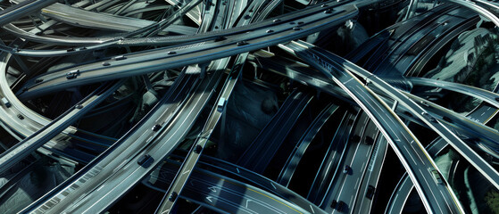 An intricate network of overpasses and highways crisscrosses, depicting the complexity and dynamism of urban transportation infrastructure from an aerial perspective.