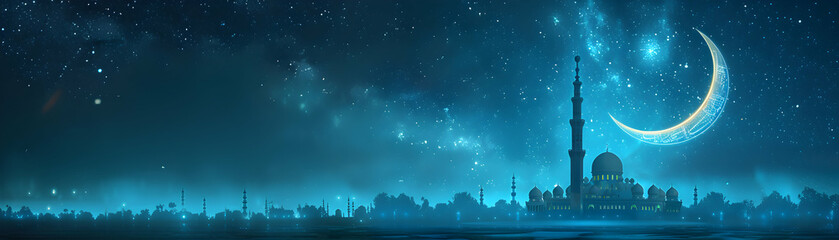 Fototapeta premium Iconographic Crescent Moon and Mosque Design with Ample Space for Text and Graphics Perfect for Islamic Practices and Religious Themes