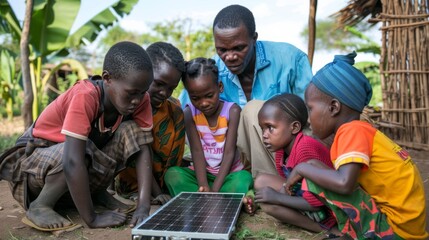 A group of children are gathered around a solar panel, learning about it