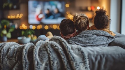 Obraz premium A family of four is sitting on a couch, watching television