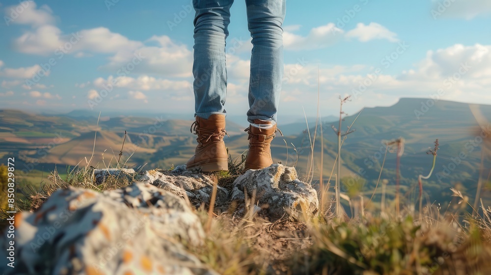 Wall mural adventurous stride low angle view of young mans legs confidently standing atop a scenic hill lifesty - Wall murals