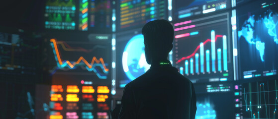 Focused woman in a lab coat interacting with dynamic graphs and charts on large screens in a dimly lit data center, representing tech innovation.