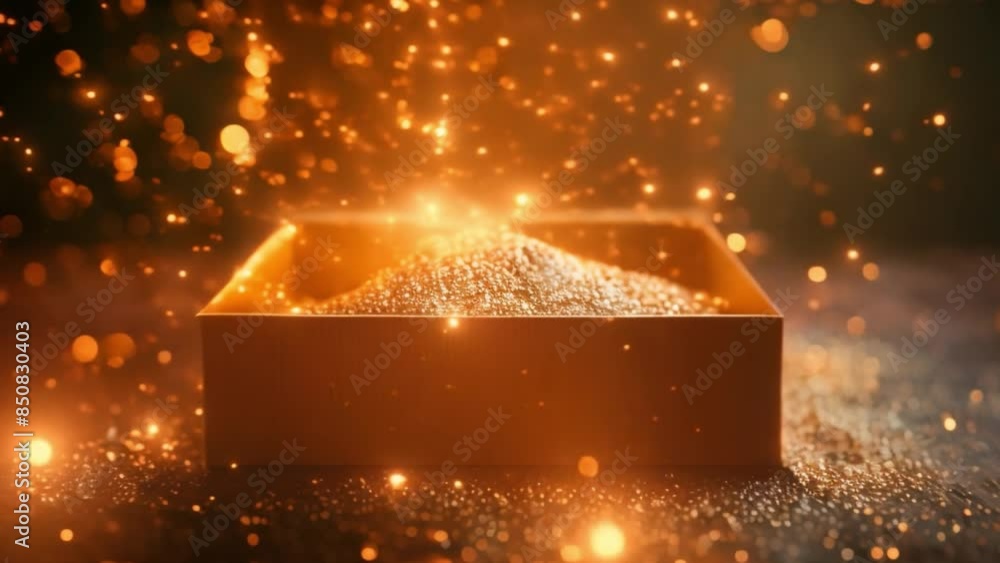 Poster this open box filled with golden glitter and bokeh lights. open box with gold glitter and blurry bok
