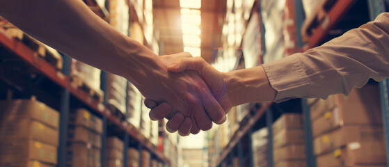A firm handshake signifies a successful business deal in a large warehouse filled with stacked boxes.
