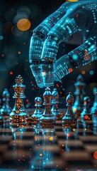 A robot with artificial intelligence plays chess. Hand close-up on a chessboard