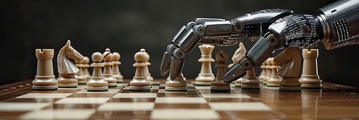 A robot with artificial intelligence plays chess. Hand close-up on a chessboard