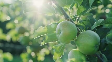Obraz premium Green Apples on a Branch with Sunlight