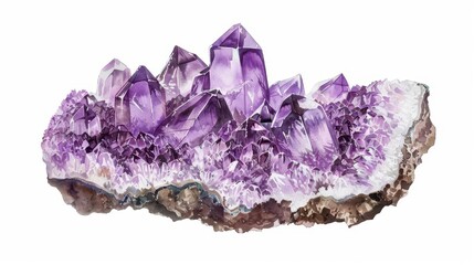 Fototapeta premium amethyst purple mineral specimen on white background vintage scientific illustration style