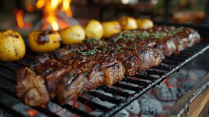 Close-Up of Juicy Steak Skewers on a Barbecue Grill