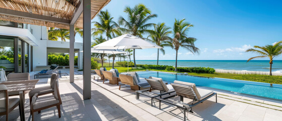 Obraz premium Luxurious beachfront villa with modern amenities, featuring a swimming pool and palm trees under a clear blue sky, representing a paradise retreat.