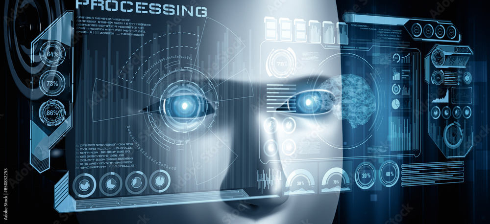 Poster mlp 3d illustration robot humanoid face close up with graphic concept of big data analytic by ai thi