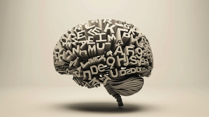 A human brain constructed entirely from letters of the alphabet and various texts. The concept of Idea, Knowledge, Creative, Language, and Intelligence. Generative AI.