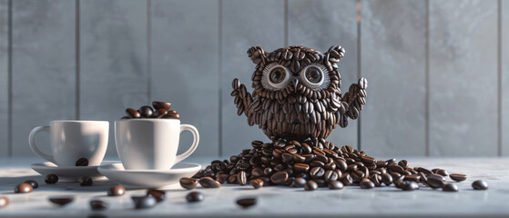 Two white coffee cups surrounded by a creative sculpture of an owl made from coffee beans on a rustic wooden surface, highlighting a playful and artistic theme. - Powered by Adobe