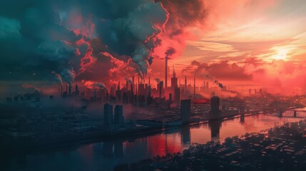 Obraz premium apocalyptic industrial cityscape with red smoke emissions environmental impact concept digital art