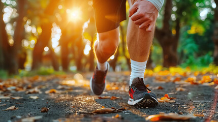 close-up of man with hurting knee while jogging or running at the park, injury