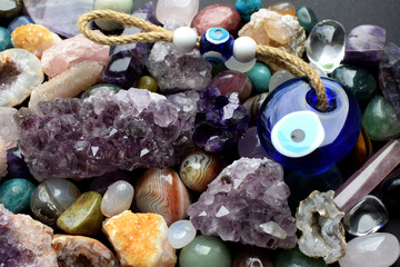 Turkish evil eye amulet and beautiful amethyst druses, rose quartz and rock crystal stones.