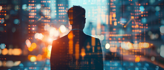 Silhouette of a businessperson against a dazzling backdrop of city lights and digital graphics, symbolizing modern technology, business, and interconnectedness.