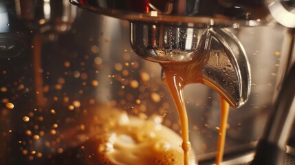 aromatic coffee brewing closeup rich crema flowing from espresso machine food photography