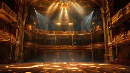 Empty classical theater with intricate golden decorations, captured from the stage with a spotlight highlighting the ornate interior.
