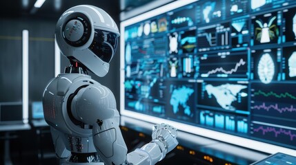 Fototapeta premium artificial intelligence humanoid robot analyzing medical charts on futuristic virtual screen 3d illustration