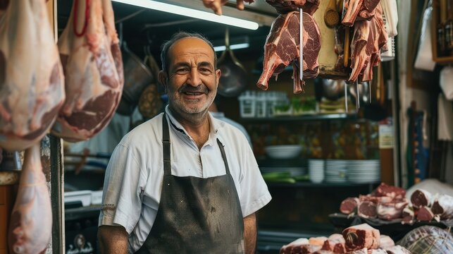 artisanal pride skilled butcher proudly showcasing local shop traditional craftsmanship candid portrait