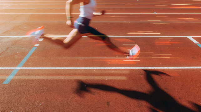 blurred motion photography of sprint runner on running track, side view