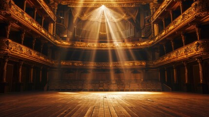 Empty classical theater with stunning golden decor, captured from the stage with a spotlight illuminating the grand interior