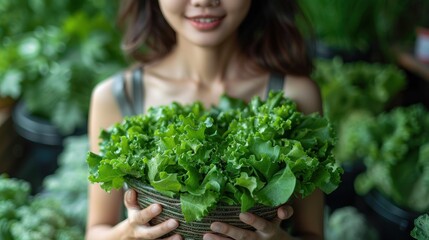 Fototapeta premium Woman Holding Fresh Green Salad in Garden Setting