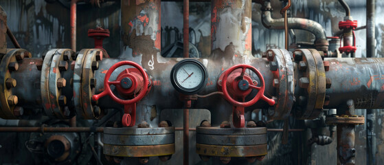 A network of old, rusty industrial pipes and valves, showing a close-up of their weathered surfaces, conveying a sense of history and usage.