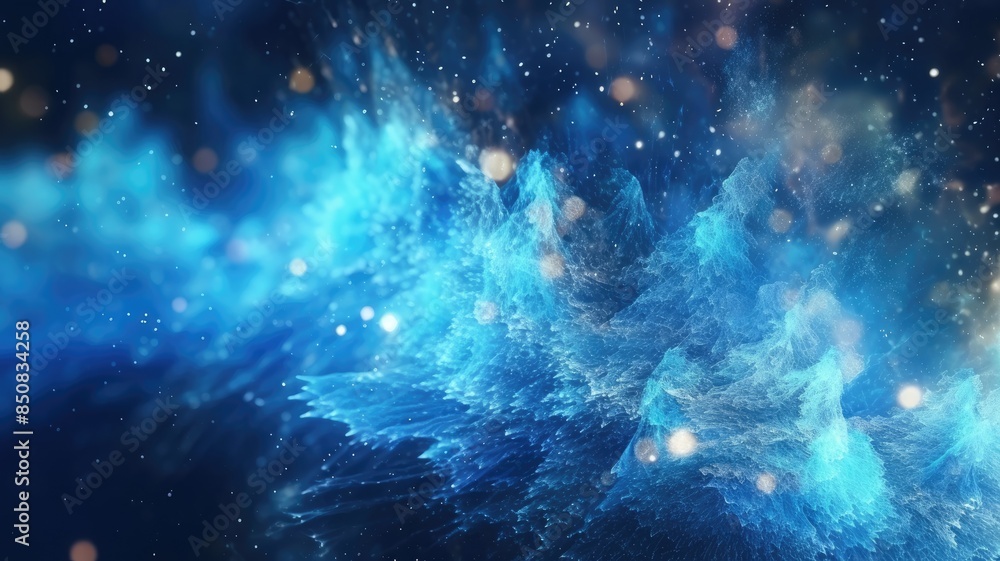 Aufkleber abstract digital artwork of dynamic blue particles with glowing elements and dark background. shiny 
